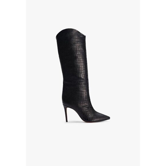 Schutz Maryana Croc-Embossed Leather Knee Boots 7B Black Pointed Toe Sleek - Picture 1 of 12